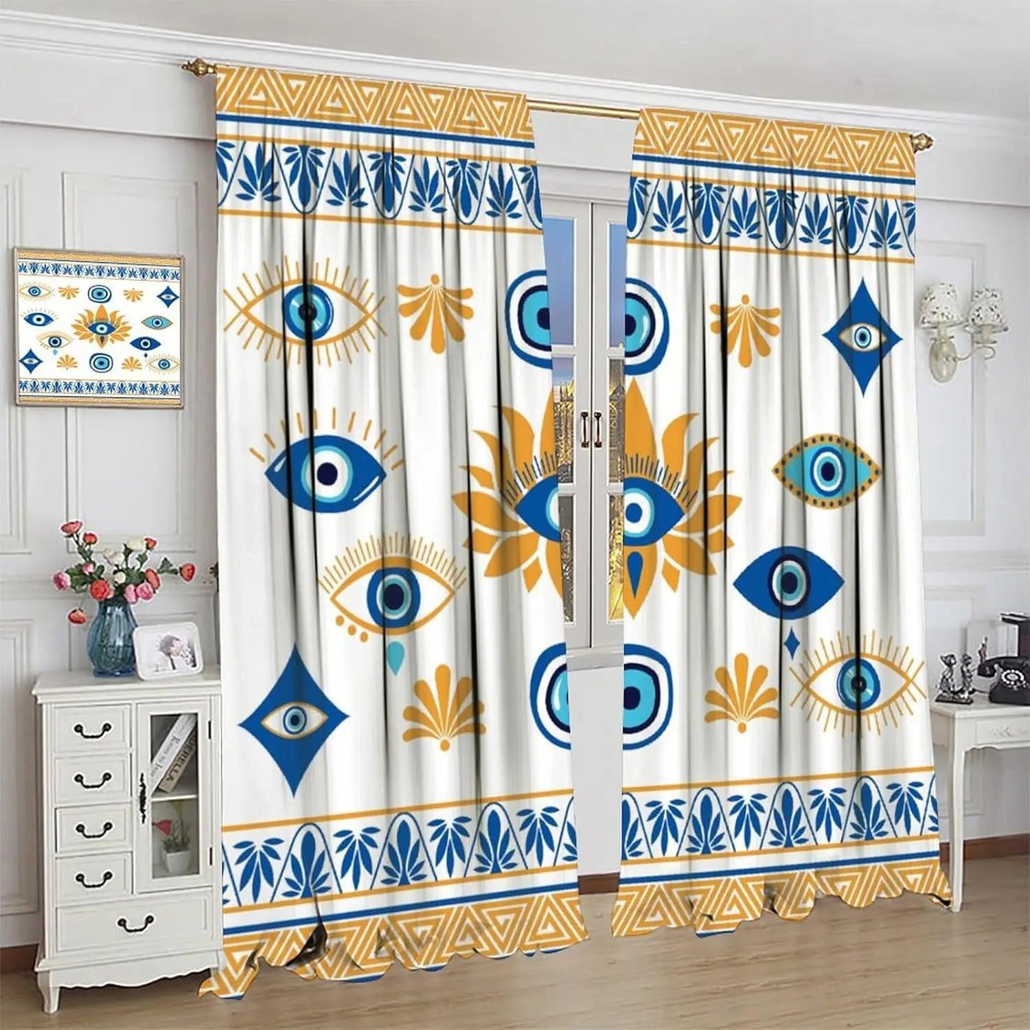Evil Eye Window Curtains,Boho Hippy Blue and Yellow Occult Symbol Print Semi Blackout Window Treatments for Living Room Bedroom
