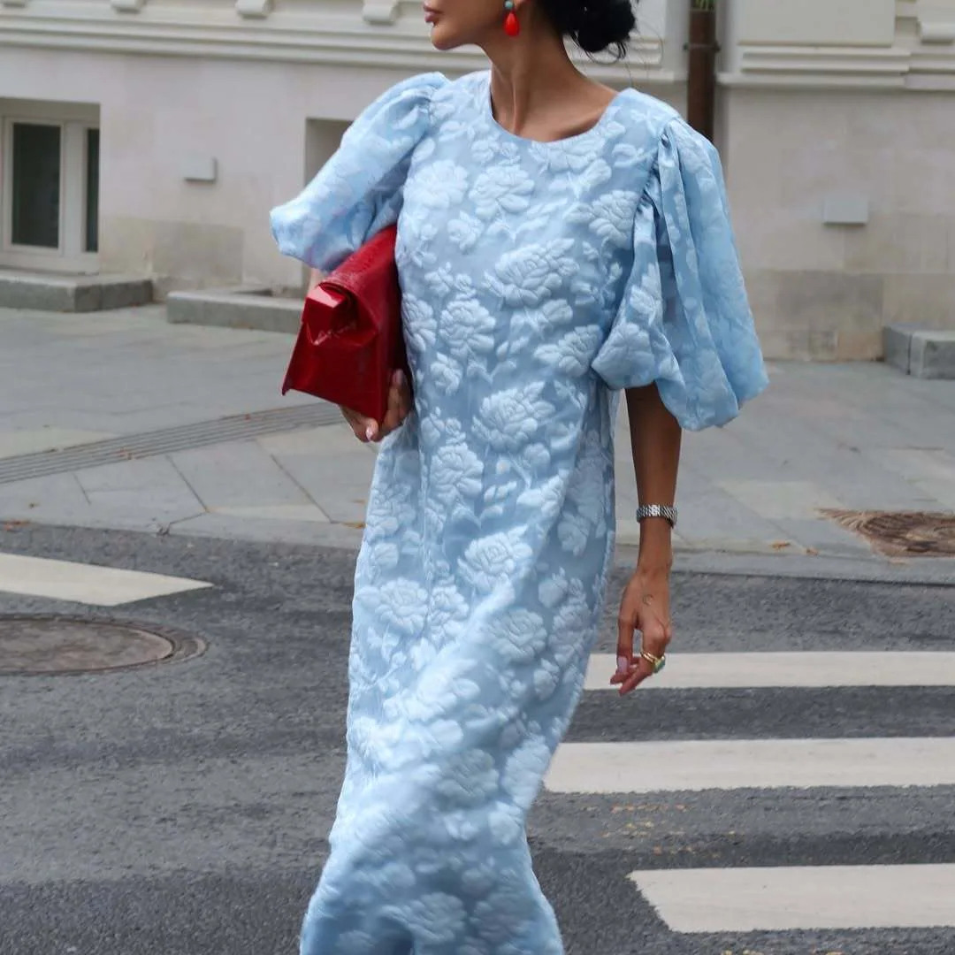 2025 Nieuwe Hemelsblauw Organza Jacquard Reliëf Bubble Mouw Jurk Vrouwen Nieuwe Chinese Stijl Temperament Elegante Lange Jurk