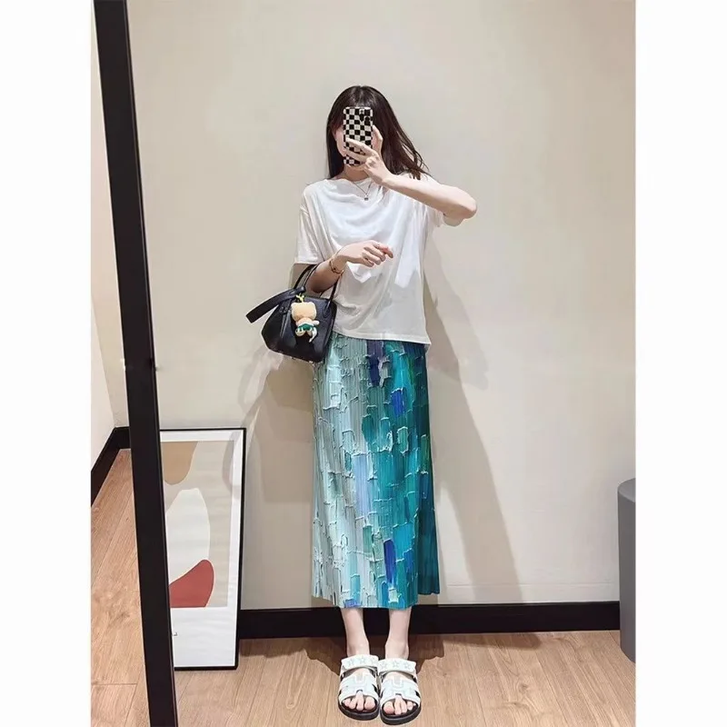Summer Women's Skirt Slit Slimming Straight-leg Elastic Waistband High-waisted Fresh Printed Pleated New Arrival Fashionable Fit