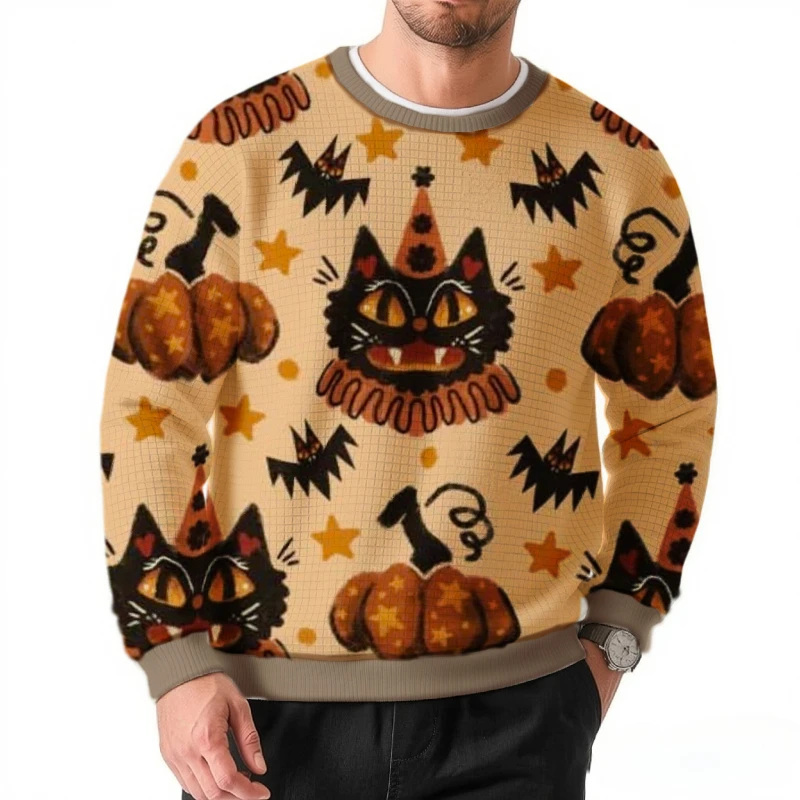 Vintage Halloween Graphic Men Sweatshirt Autumn Party Oversized Pumpkin Printed Long Sleeve Pullovers Casual O-neck Tops