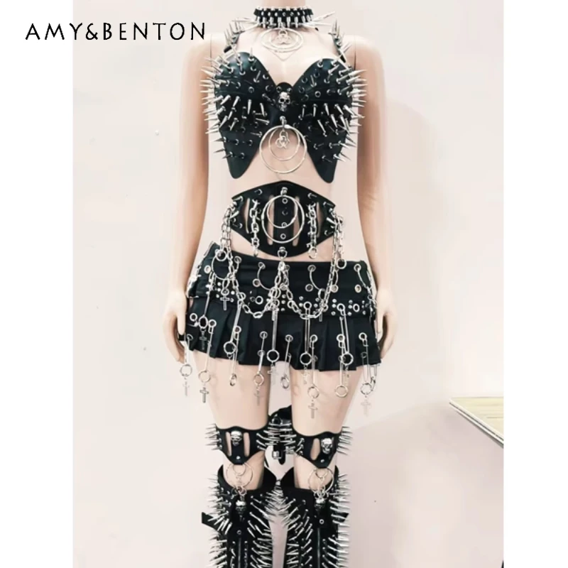 

Панк-готический заклепки, сексуальный милый крутой женский жилет для девочек, оригинальный дизайн, выдолбленный пояс, сверхпрочная короткая юбка, костюм для женщин