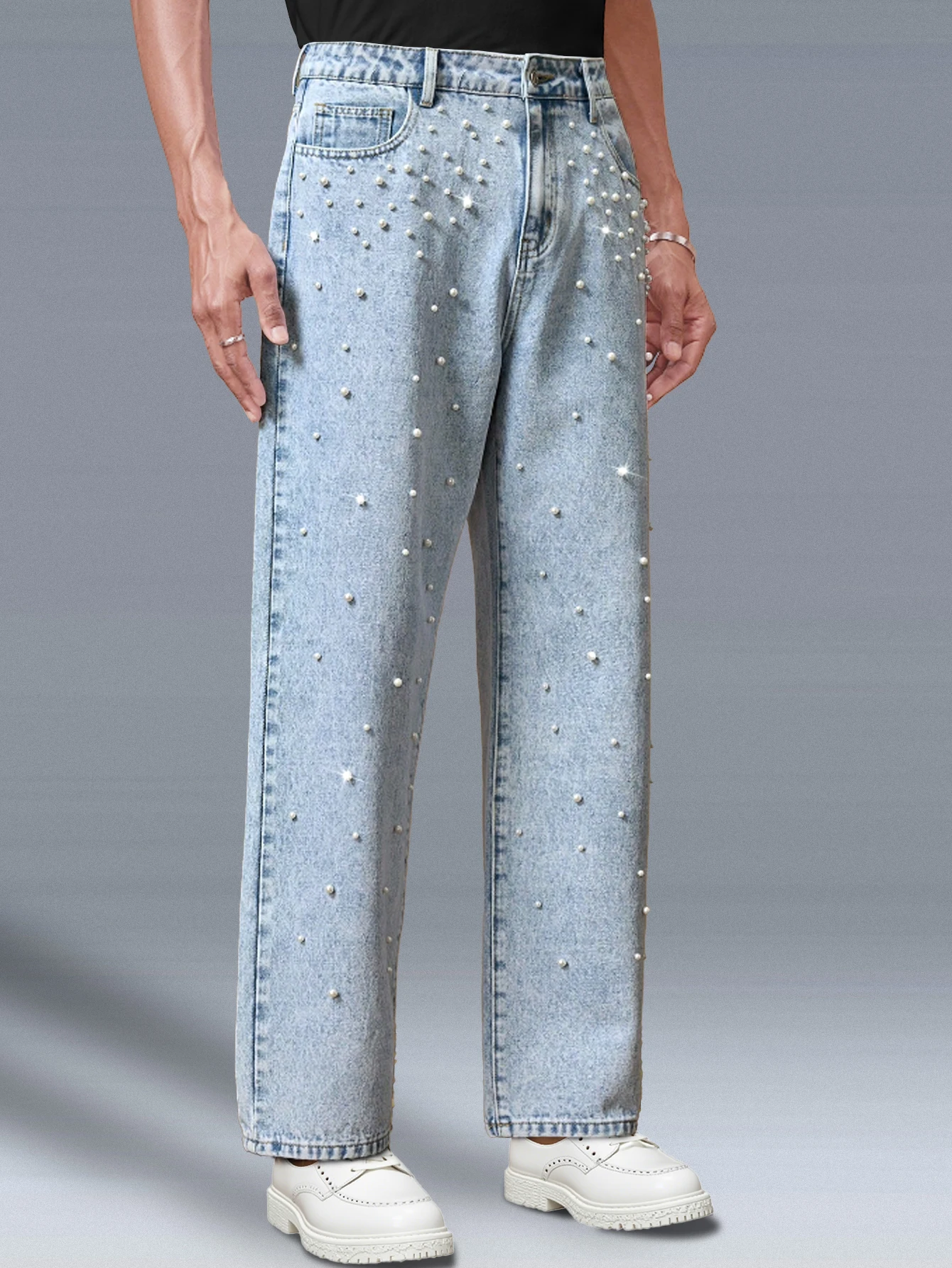 

Мужские джинсы из бисера, свободные прямые синие брюки, модная модная уличная одежда, повседневные и повседневные мужские брюки, всесезонные.