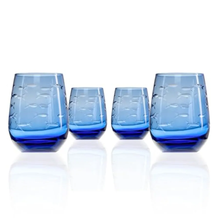 

School of Fish Blue Stemless Wine Glass Set of 4 Stemless Glasses 15oz Limited Edition Blue Glass Tumblers Engraved Lead-Free C