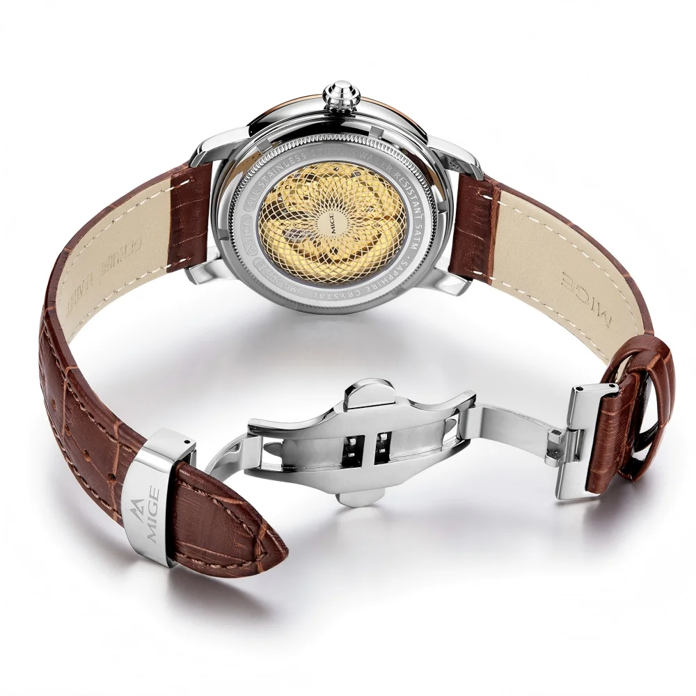 MIGE الأصلي ميوتا ساعات رجالية ميكانيكية أوتوماتيكية ساعة مقاوم للماء فاخرة مضيئة الهيكل العظمي ساعة اليد الفولاذ المقاوم للصدأ