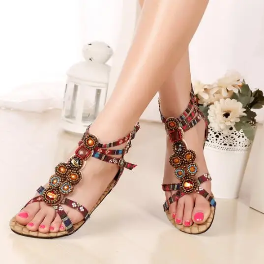 Summer Bohemia flat heel sandals beaded zipper open-toe ethnic women's shoes