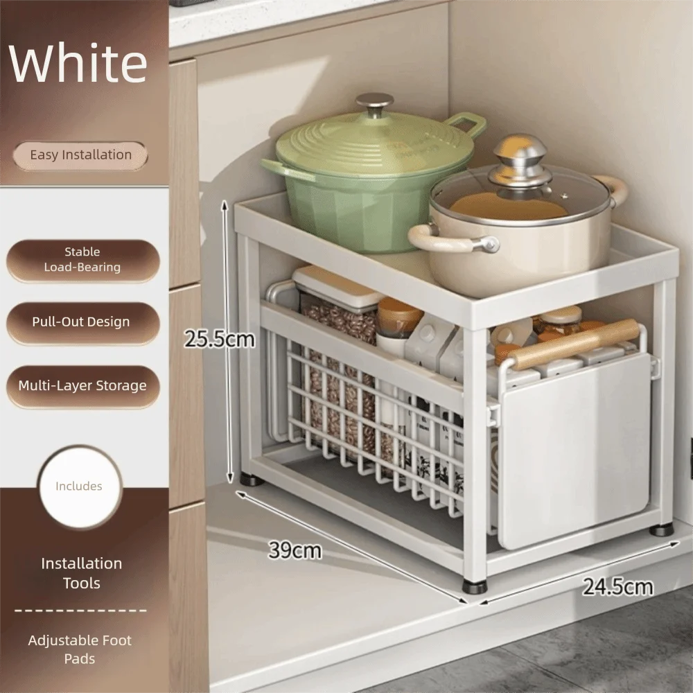

Pull Out Drawer Basket Rack Sliding Double-layer Under Sink Rack Organizer with Wooden Handle Kitchen Storage Rack