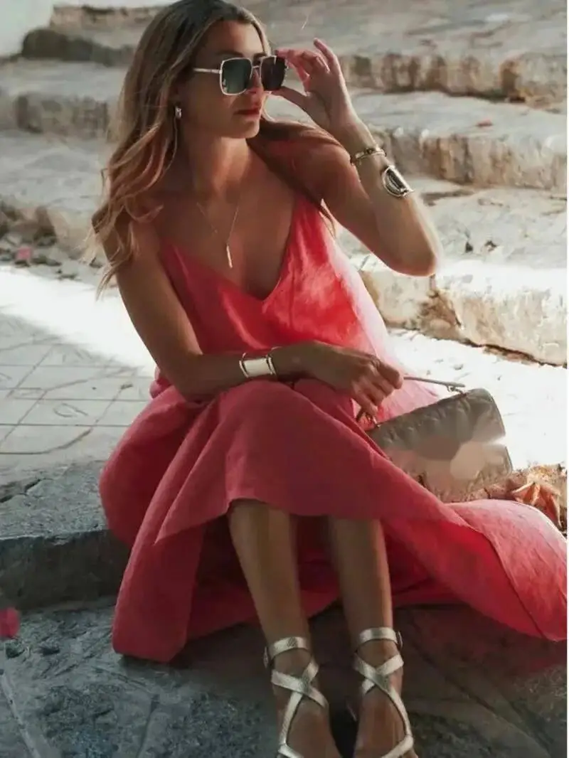 فستان نسائي صيفي فضفاض فساتين نسائية فضفاضة بدون أكمام وأشرطة رفيعة فساتين سوداء طويلة بدون ظهر فساتين عطلة الشاطئ E96H