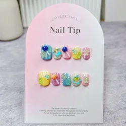 10Pcs 3D Short Handmade Candy Press on Nails French Rhinestone Decoration False Nail Gradient Wearable Full Cover Fake Nail Tips