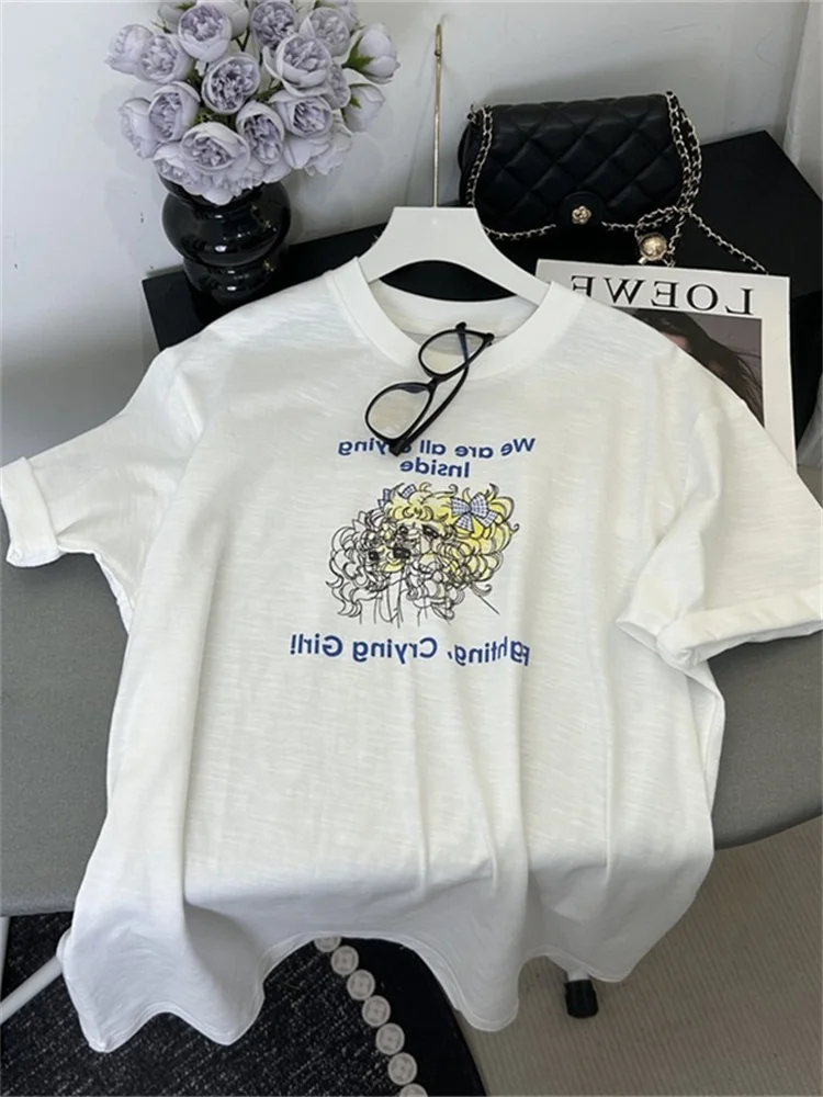 

Casual Loose Fit ort Sve T-irt fiti Doll Head Letter Print Moisture ng Summer Top for Women Creative Sle