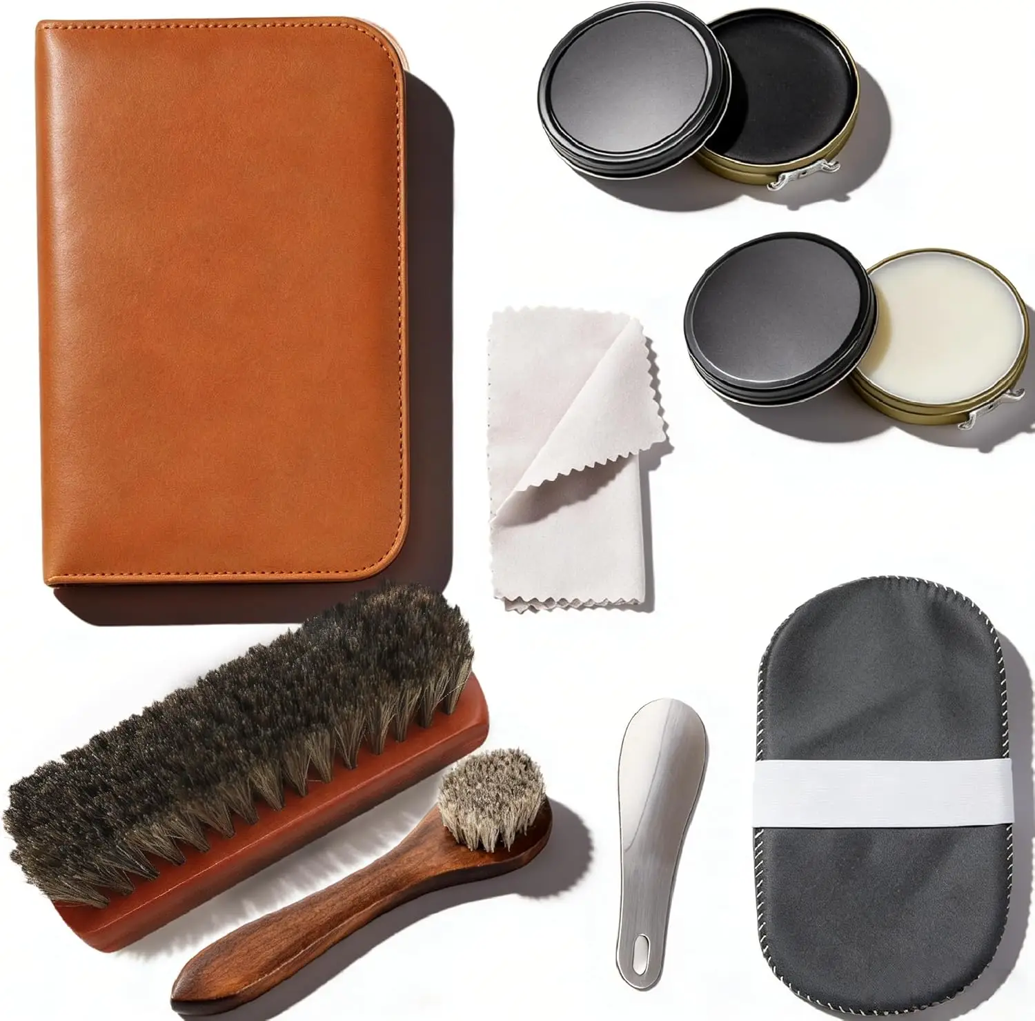 

Home and Travel Shoe Polish Set Including Shoe Polish, Bristle Brush, Sponge Brush, Polishing Cloth and Shoehorn