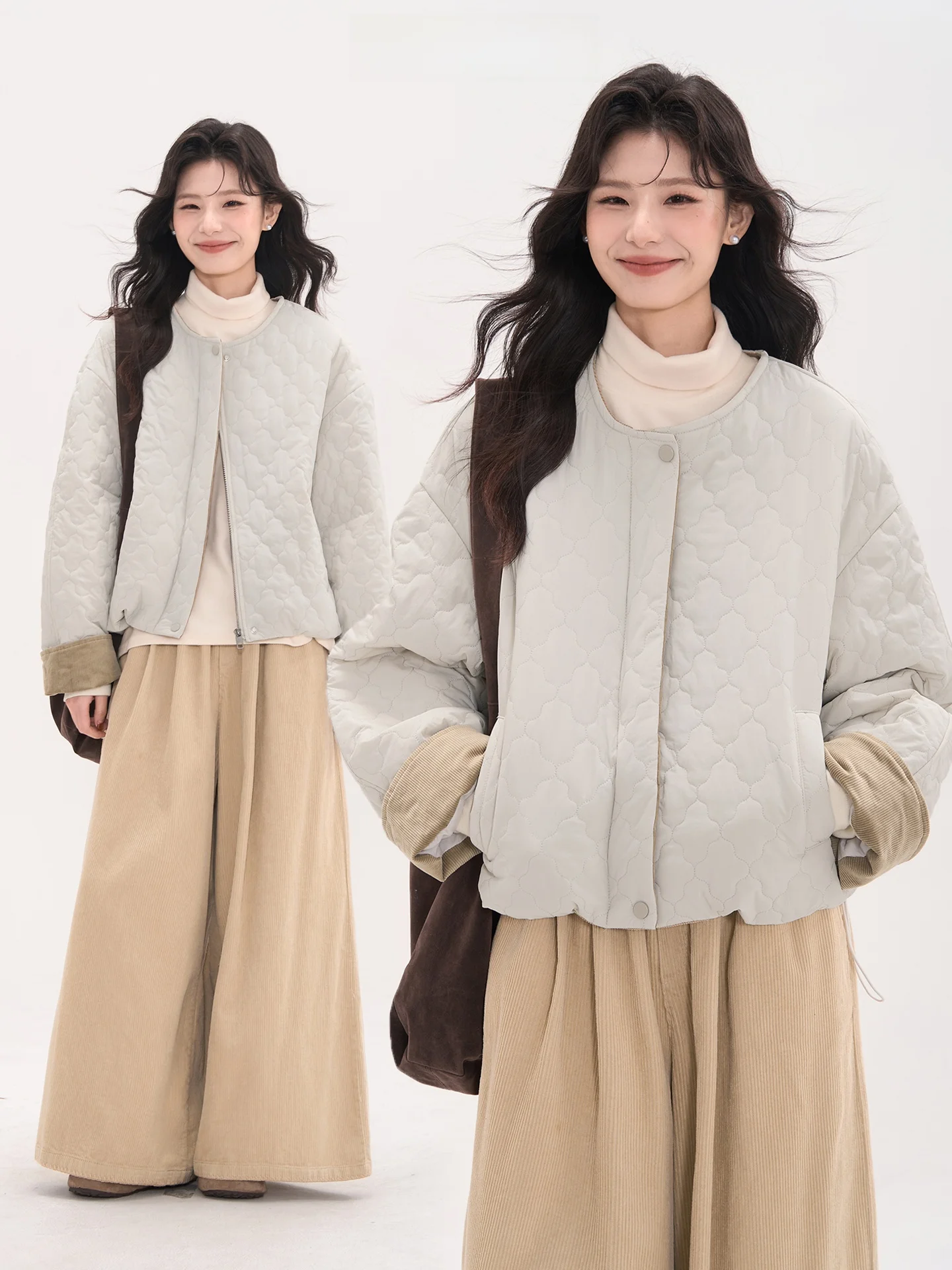 

Winter Cotton Jaet Women's Zipper round Ne Emed Cotton Coat Thiened Long Sve ort Length Pure Color Commute