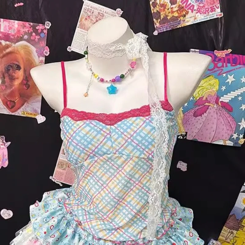 오리지널 플래드 레이스 컷아웃 슬리브리스 여성 슬링 일본풍 스윗 핫걸 Y2K 컬러풀 케이크 미니스커트 세트 여성용
