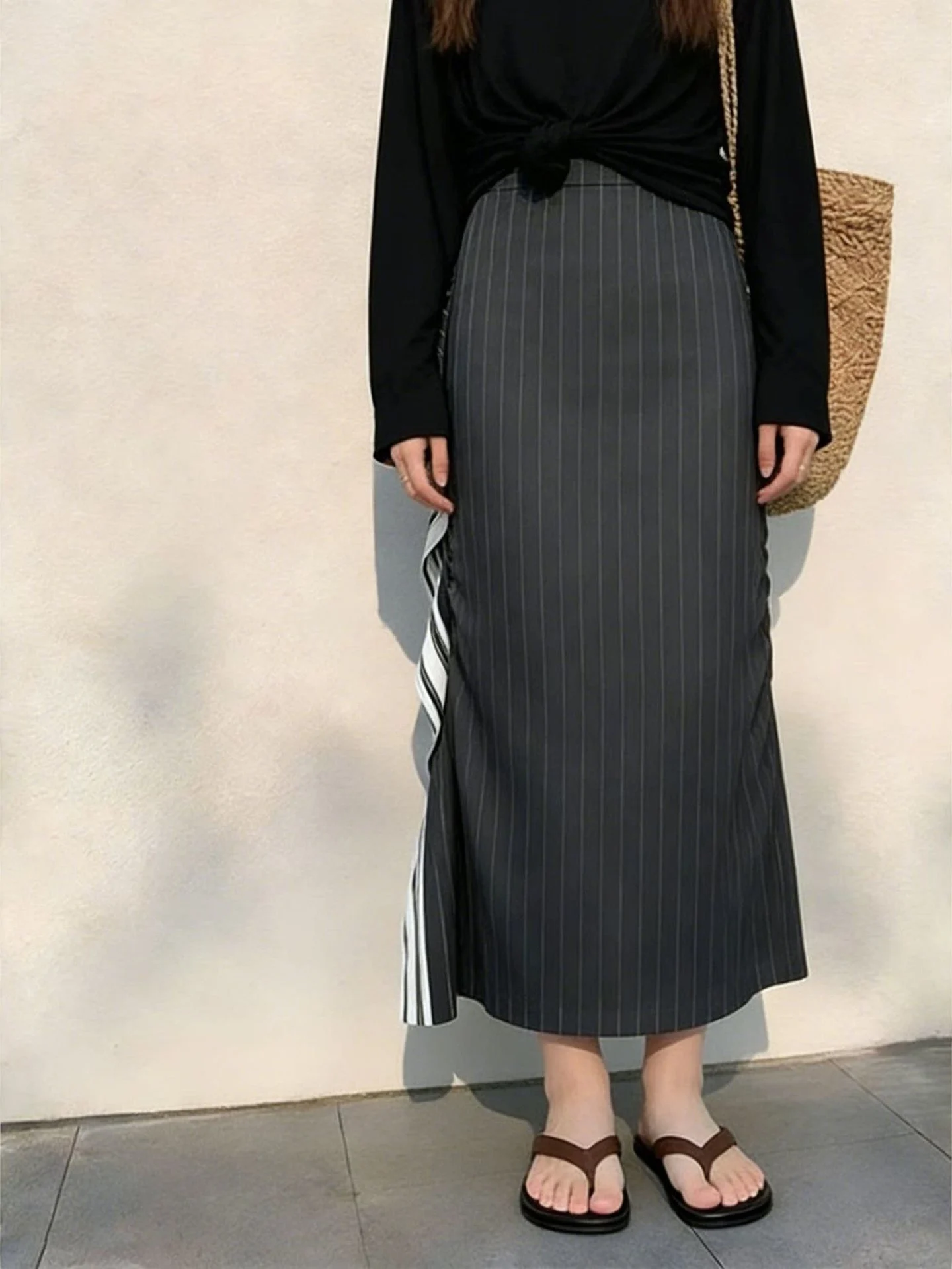 Gray A-Line Skirt Women's High Waist Slimming Hip Covering Pear Shape Bodycon  Skirt Commute Style Non-Padded Daily Wear