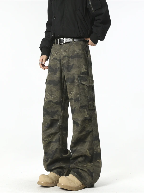 

American Style Camouflage Jeans Men's Loose Straight Casual Pants Big Pocket Design Workwear Trousers Spring Autumn Trendy Brand