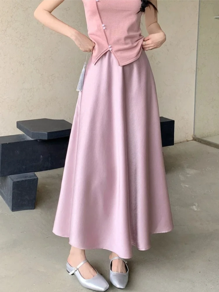 Summer Satin Long Skirt for Women Elegant A-line High Waist Skirts for Women Black Korean Style Fashion Temperament 2026