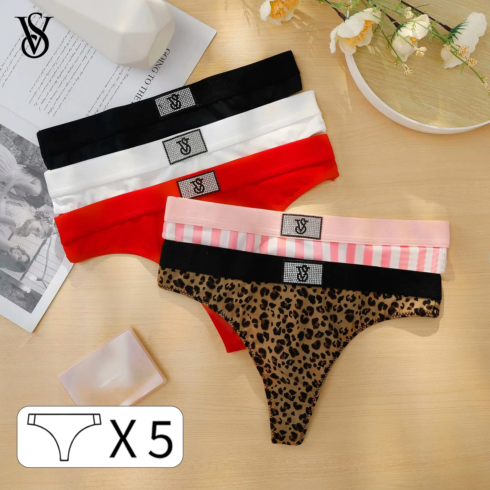 Victoria's Secret 5Pcs Letter Diamonds Sexy Thong Rhinestones Panties Briefs Women G-string Sports  Underwear T-back Fitness