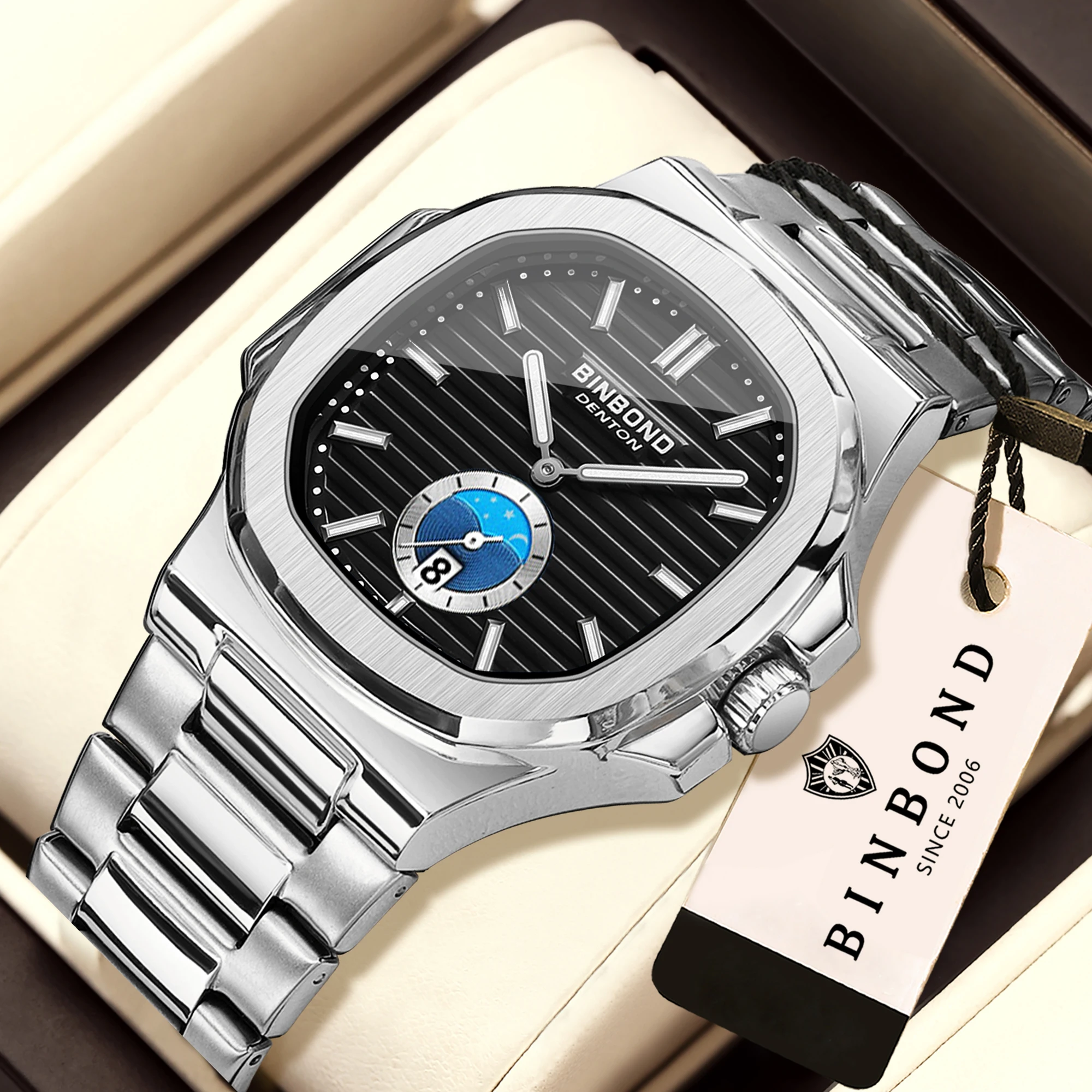 BINBOND Day And Night Stainless Steel Strap Quartz Wristwatches For Men Luxury Luminous Waterproof Men's Watch Casual Reloj