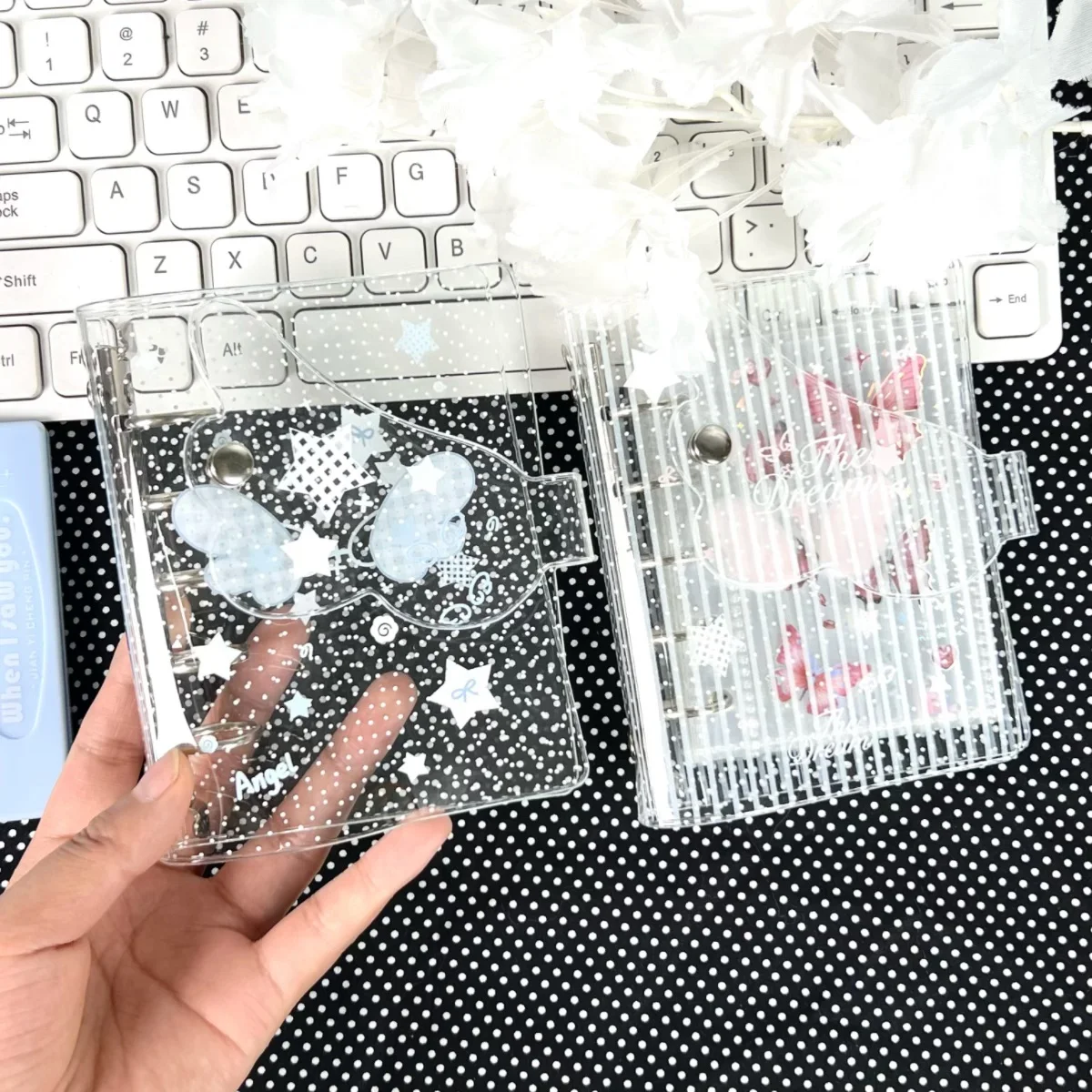 1Pc M5 Transparent Winged Planner, Blue and Pink Star Angel Wing Binder, M5 Binder, Winged Snap Binder, High-Transparency Pp Material, Planner with Inner Pages, DIY Planner, Suitable for Photo Albums, Scrapbooks, Sticker Books, Sticker Storage, Planner Material Storage, Savings Book, Time Management Planner, Study Stationery, New School Supplies, Back-To-School Season