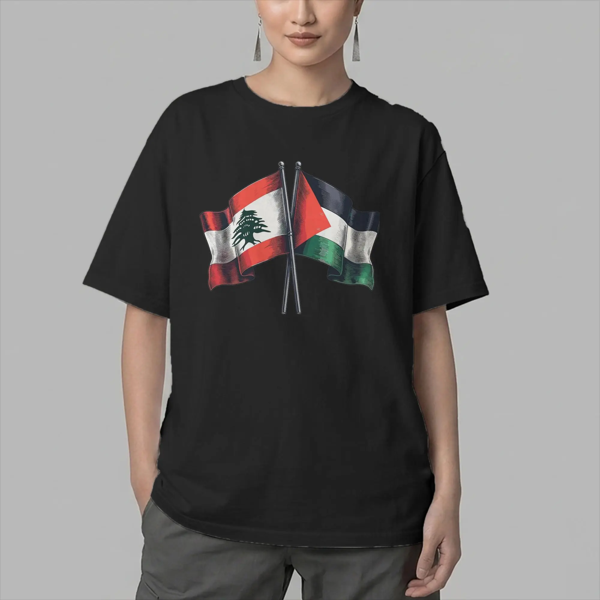 Palestined and Lebanon Flags T Shirts Men 100% Cotton Novelty T-Shirts Round Collar  Tees Short Sleeve Clothes Summer