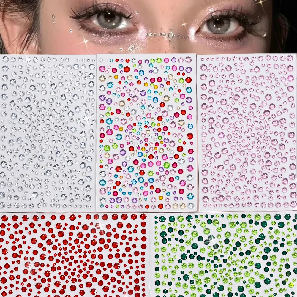 5Pcs/Set 3D Colorful Round Gems Face Stickers Mixed-Sizes Self-adhesive Crystal Tattoo Decals for Eye Body Makeup Jewelry Decor