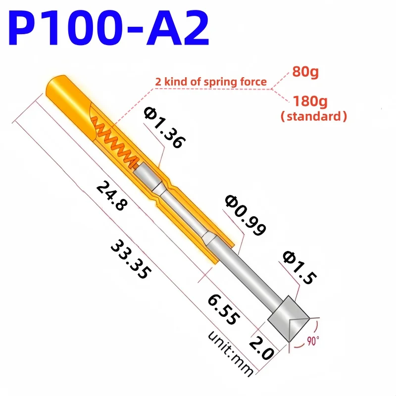 P100-A2 Spring Test Probe P100-A Test Pin PCB Test Tool 33.35mm 1.36mm Nickel-plated Tip 1.5mm Needle Pogo Pin force 180g 80g