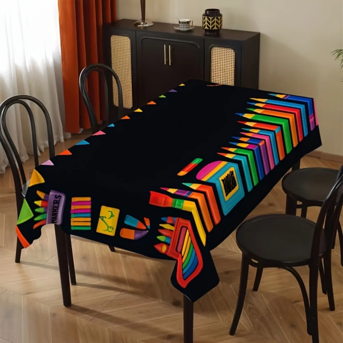 Provide a tablecloth. An energetic art classroom. Provide a tablecloth. Durable polyester fiber material.