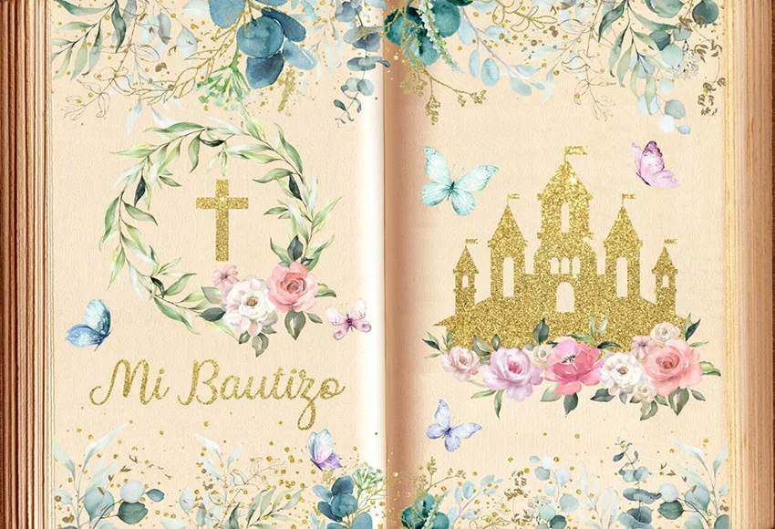 Mehofond – arrière-plan de photographie Mi Bautizo, livre de conte de fées papillon, château fleur, fête de baptême, décoration de Studio Photo