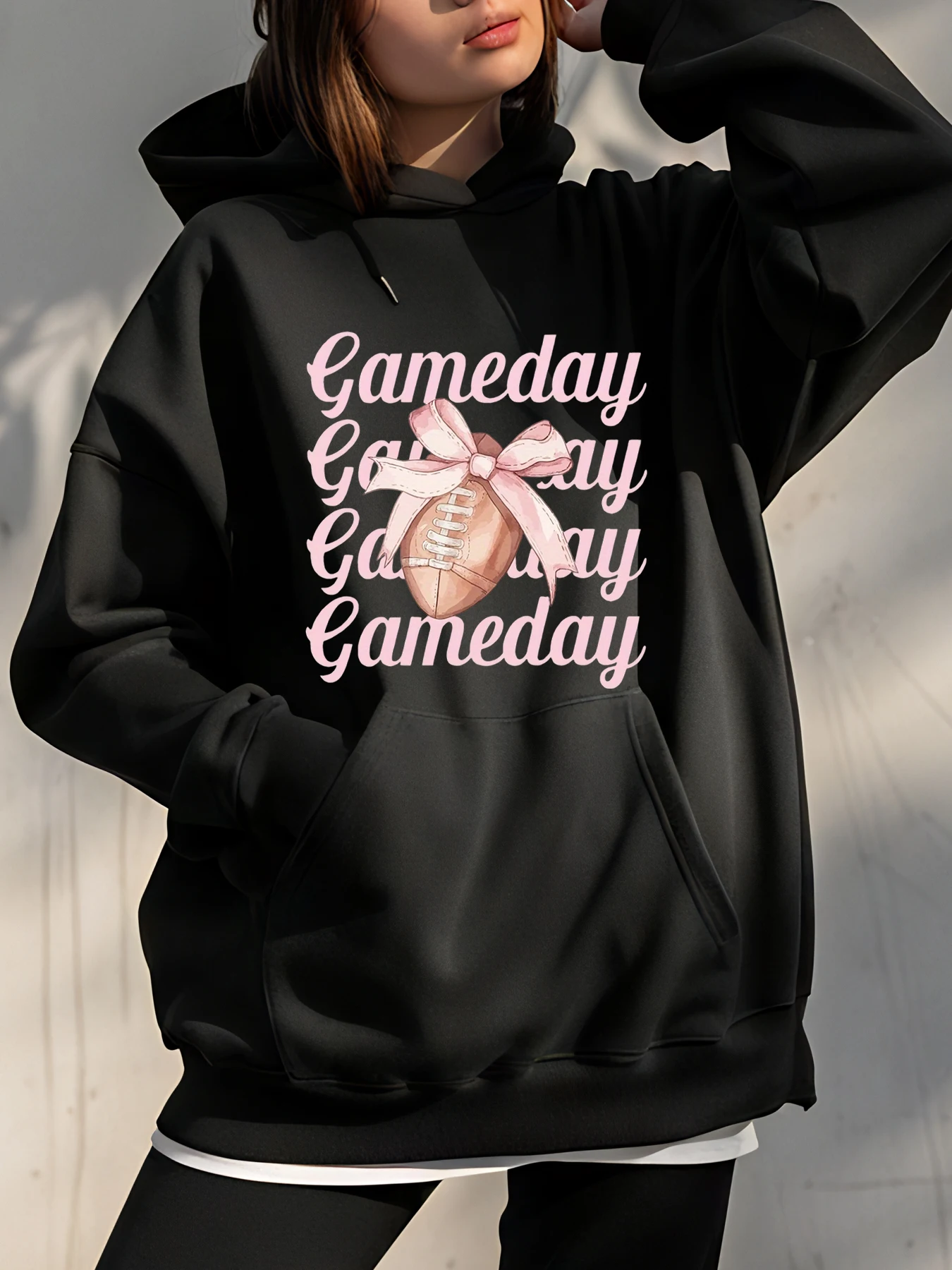 

Футбольная толстовка с капюшоном Cameday и розовым бантом, женская повседневная толстовка с футбольным принтом, спортивная одежда для фанатов для девочек на день игры
