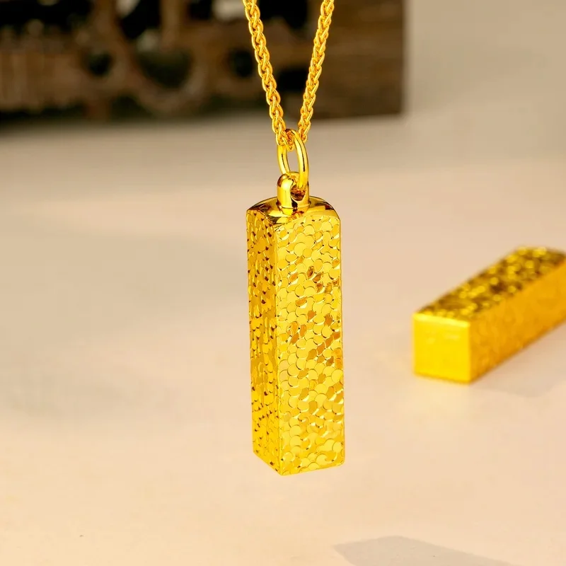 Gold store 9999 24K real gold sparkling crushed ice small gold bar pendant versatile clavicle chain for women