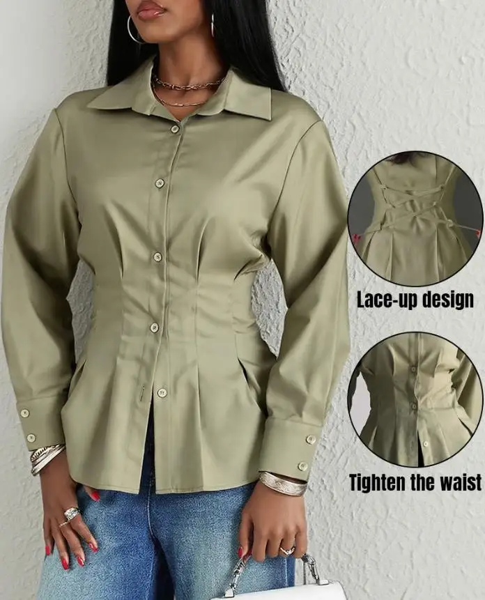 

Women's Shirt Autumn Winter Turn-Down Collar Long Sleeve Button Front Blouse Casual Back Criss Cross Tied Detail Fishtail Shirt