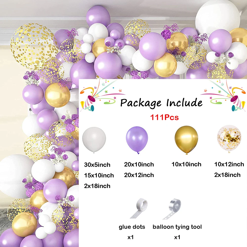 111Pcs Pearl Purple Retro Balloons Garland Arch Kit with White Metallic Gold Confetti Balloon Wedding Birthday Party Baby Shower