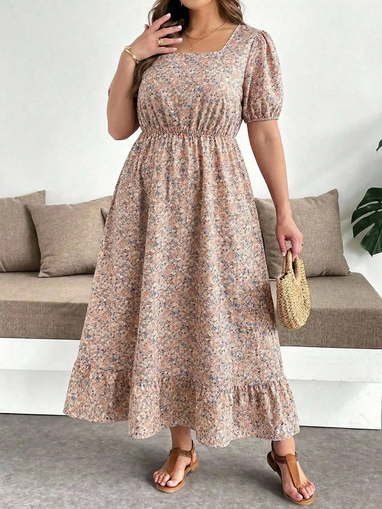 

Повседневное женское длинное платье с цветочным принтом, квадратным вырезом, пышными рукавами и А-образным силуэтом, летнее платье