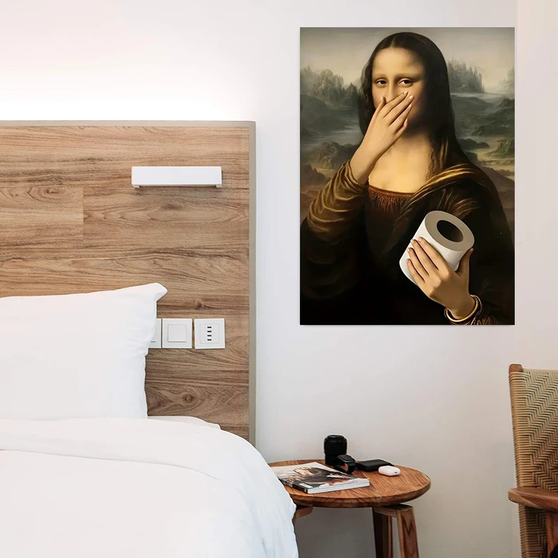 طباعة ملصق قماش الحمام الفكاهة، كلاسيكي ريترو الموناليزا باليد ورق التواليت قماش جدار الفن، لديكور غرف المعيشة #2