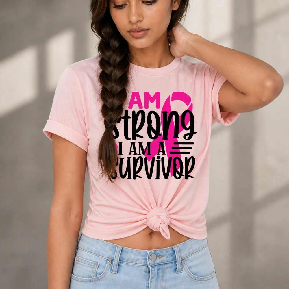 Pink Ribbon Breast Cancer Awareness Short Sleeve Crew Neck Knotted Front Fitted T-Shirt For Women I Am Strong I Am A Survivor Me