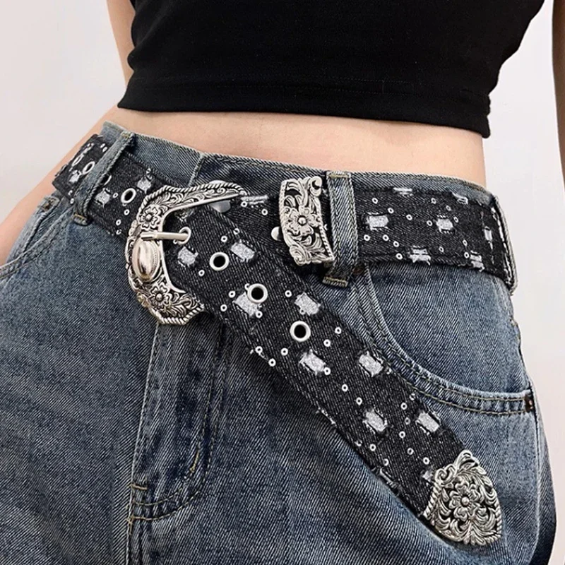 Sabuk Lebar Vintage Y2K untuk Wanita, Sabuk Kulit Denim Berongga Retro Punk untuk Gaun Rok, Aksesoris Fashion