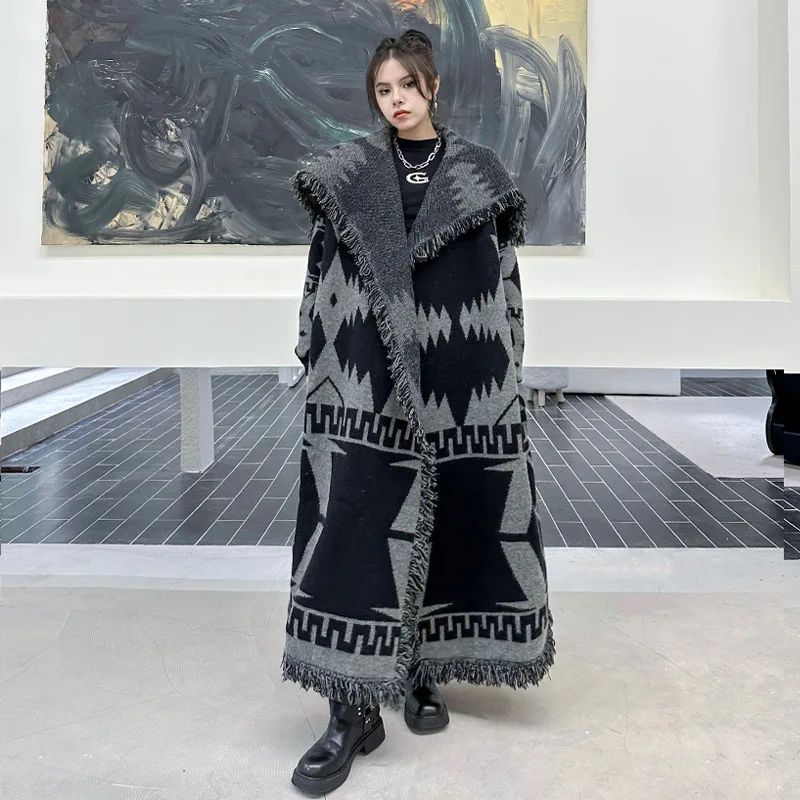 

Female new spring and autumn tassel sweater outerwear over knee knitted cardigan loose long coat