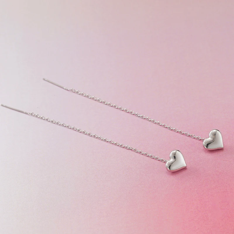 CAOSHI Exquisite Heart Threader Dangle Earrings for Women Stainless Steel Minimalist Long Chain Ear Line Earrings Trendy Jewelry