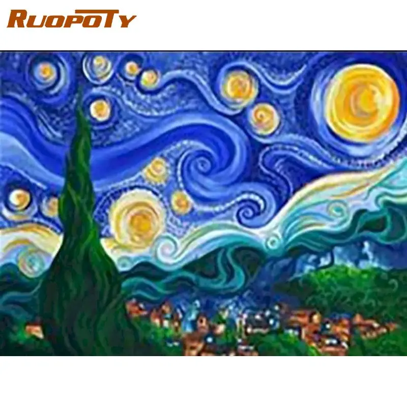 

RUOPOTY Frame Famous Picture DIY Painting By Numbers Van Gogh Picture By Numbers Kit Handpainted Oil Painting For Home Art