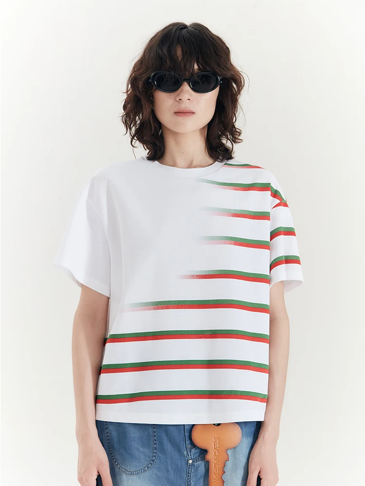 

Винтажная футболка с градиентными полосами, свободного кроя, из смесового хлопка, летняя, тонкая, с круглым вырезом, стандартной длины.