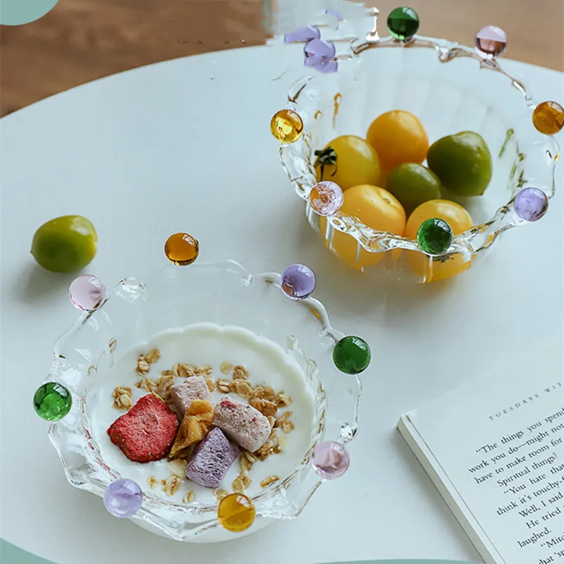 Glass BowlsCreative Crown BowlsHigh Borosilicate Glass BowlsColoured Bead DotsFruit DessertIce CreamCerealYoghurt Bowls