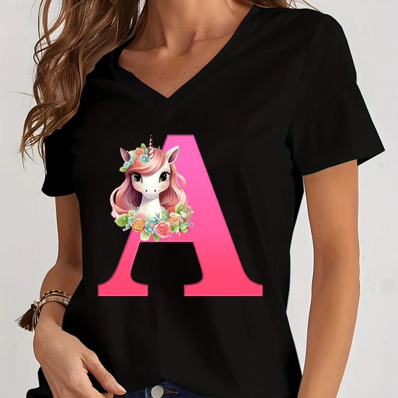 

Модная рубашка Y2k с милым единорогом, серия 26, Женский Повседневный Топ с V-образным вырезом и коротким рукавом, футболки Y2k