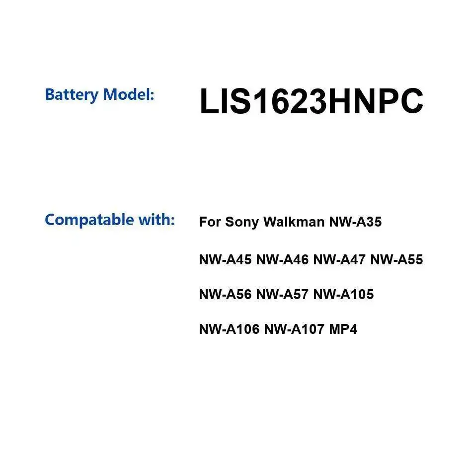 

Аккумулятор LIS1623HNPC 1500 мАч для Sony Walkman NW-A35 NW-A45 NW-A46 NW-A47 NW-A55 NW-A56 NW-A57 NW-A105 NW-A106 NW-A107 MP4