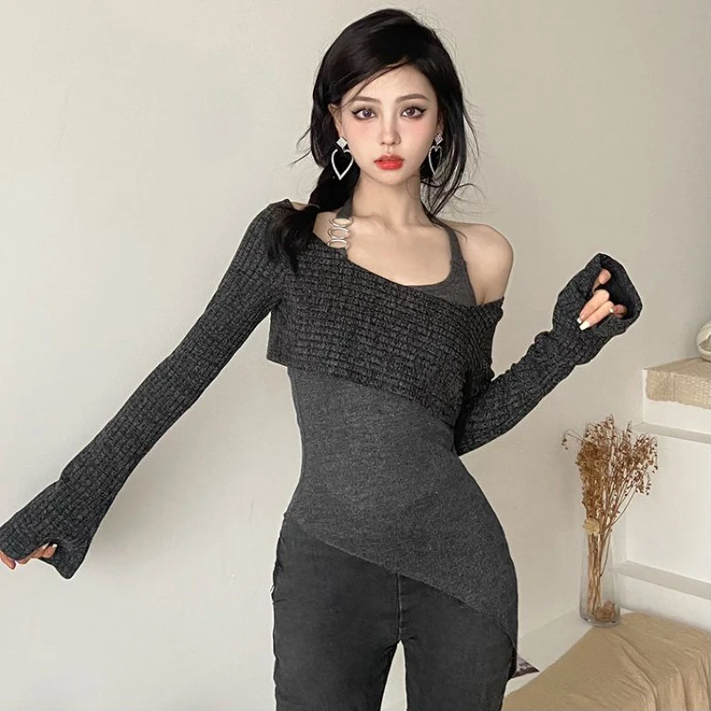 Slash Neck Pullover Sets Women Asymmetrical Seductive Sexy Basics Leisure Korean Style All-match Autumn Charming Tender Comfort