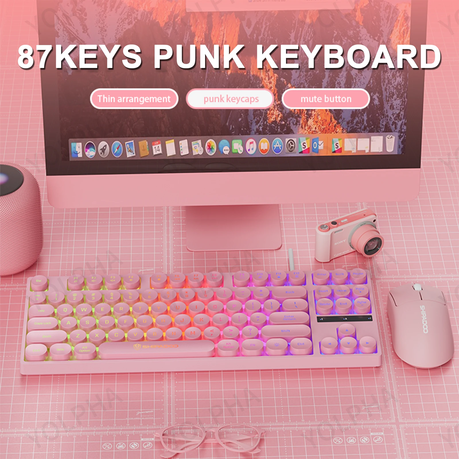 Gaming Wired keyboards 87keys Punk Keycap Quiet Typing Backlit RGB Office Multimedia  Computer Keyboard for Windows Laptop PC Ma