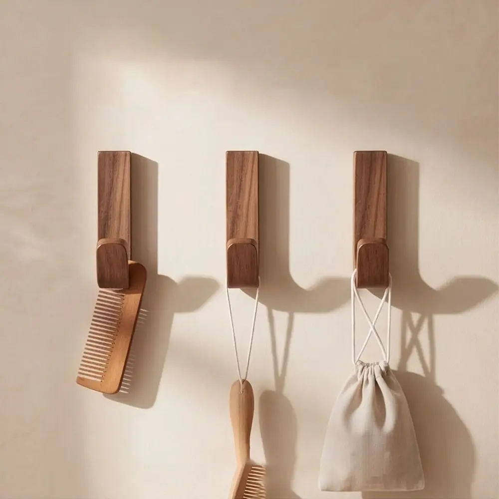 5Pcs New Wall-mounted Wooden Wall Hook Handmade Strong Bearing Adhesive Coat Hook Simple No Drill Hat Hook Entryway