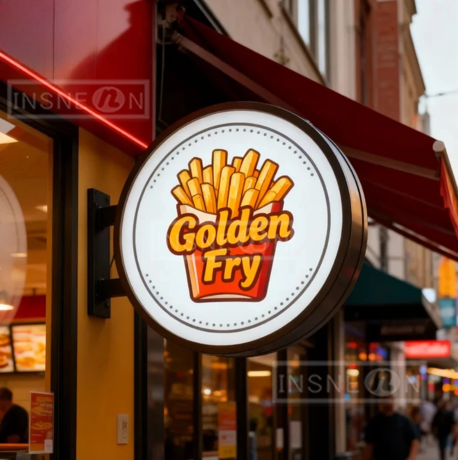 

Double Sided Custom Round Exterior Signage Sign and Illuminated Box Blade Circle Embossing Logo Light Bussines Advertising Cafe