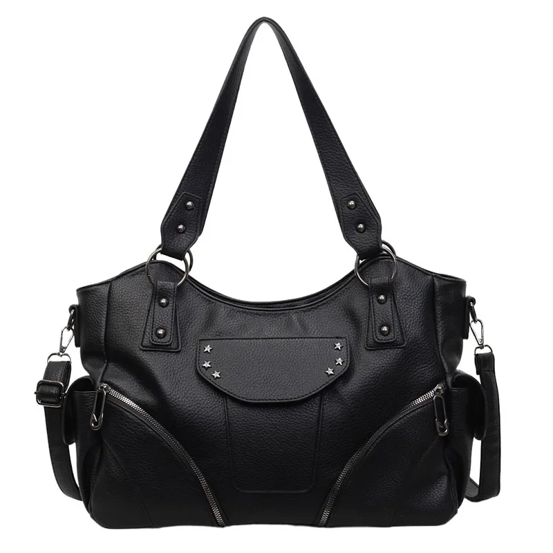 

​Studded Rocker Style Tote Bag Women Edgy Distressed Leather Shoulder Purse Motocross Inspired Coffee Run Ready Statement Piece