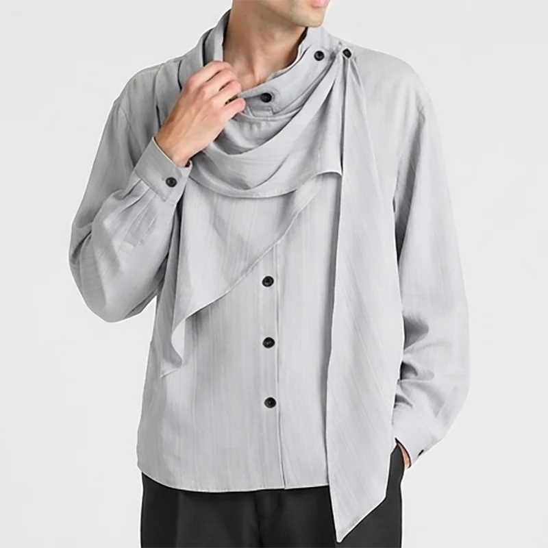 Men's Asymmetric Scarf Stand Collar Shirt Front Button Design Long Sleeve Solid Color Loose Chinese Style Formal Dress Shirt
