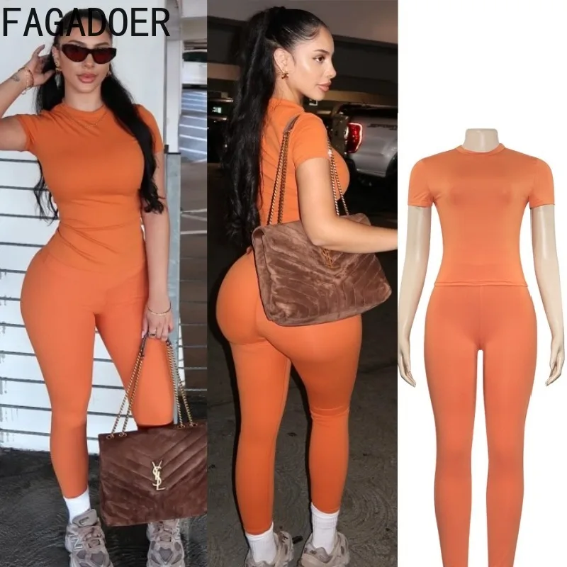 

FAGADOER Casual Sport Two Piece Outfits Woman Solid Color O-neck Short Sleeved Crop Top + Pants Suit Female Streetwear Clothing