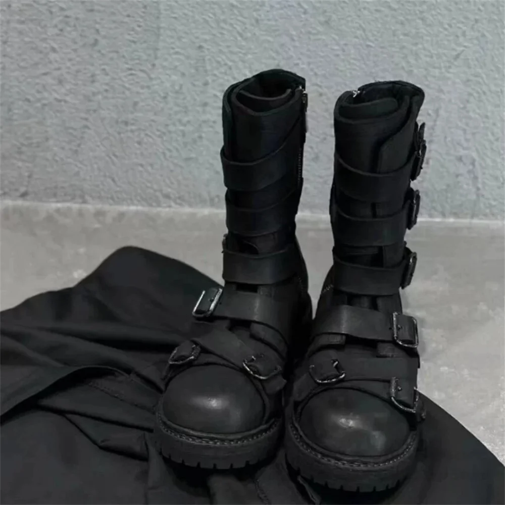 Black Multi Belt Buckles Mid Calf Boot Men Round Toe Side Zipper Handmade Luxury Motorcycle Boot Strappy Male Long Boot